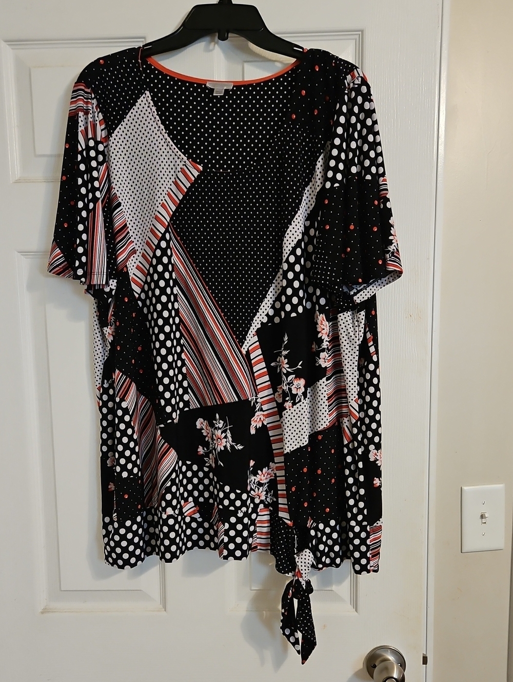 Avenue Black Polka Dot & Floral Tie-Front Midi Dress with Red Accents